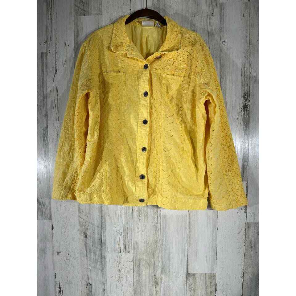 Primary image for Chicos Lined Jacket Size 3 Or XL Yellow Eyelet Embroidered Lightweight Button Up