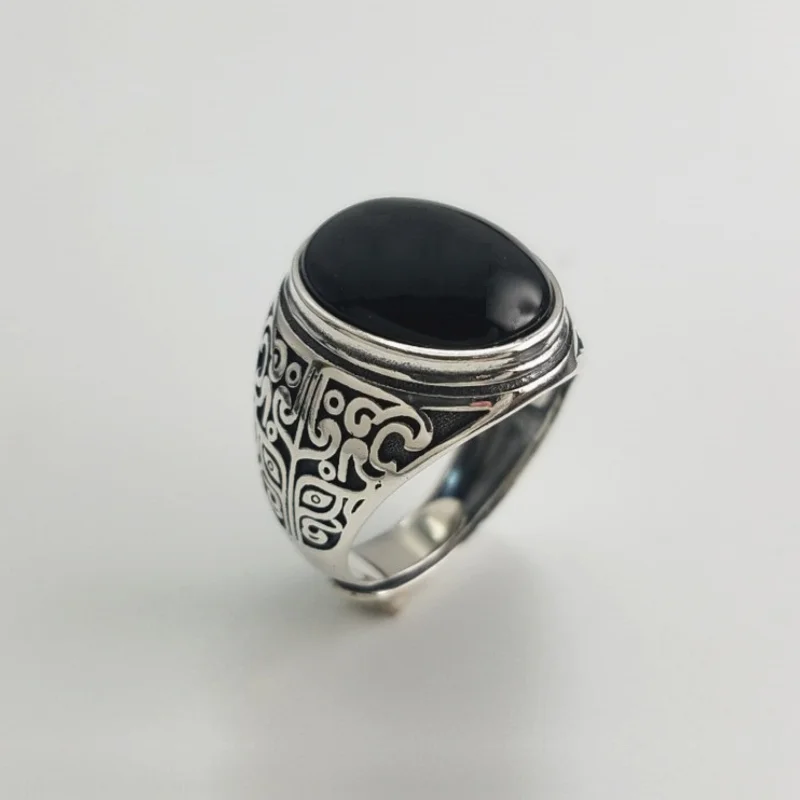 Real 925 Silver Black Garnet S925 ring For Men Female Engraved Flower  Classic O - £26.17 GBP