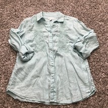 Charter Club 100% Linen Blouse Chambray Floral Embroidery Shirt Top Medium M - £18.67 GBP