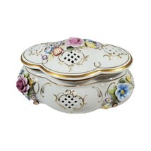 Antique DRESDEN HP Porcelain 10&quot; Potpourri Bowl FLOWERS LATTICE Schierho... - $747.07