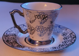 2 Pcs. Teacup and Saucer Set Unbranded Silver/Grey Flowers Collectible Cute - $21.11 CAD