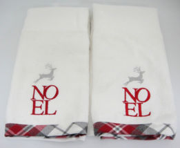 Noel Christmas 2 Hand Towels Ladinne Turkish Cotton White w Red Gray Plaid Trim - £14.23 GBP