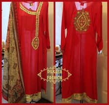 Pakistani Red/Gold A-Line Shirt Arabic Lawn Suit w/ Gota Printed Dupatta... - £47.48 GBP