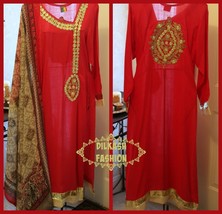 Pakistani Red/Gold A-Line Shirt Arabic Lawn Suit w/ Gota Printed Dupatta... - £47.47 GBP