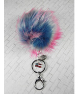 Pom Pom Keychain Faux Fur Patriotic Flag Heart Red White Blue Pink New - £15.56 GBP