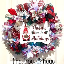 Handmade Christmas Gnome for the Holidays Ribbon Door Wreath 22 ins LED W37 - $85.00
