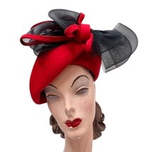 VTG 1950s Mr. John Red Wool Tilt Hat With Net &amp; Ribbon Bow — Paris New York - $123.70
