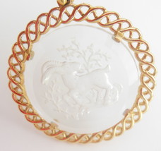 Crown Trifari Zodiac Ram Pendant Reverse Carved Intaglio Crystal Gold Pe... - $16.50