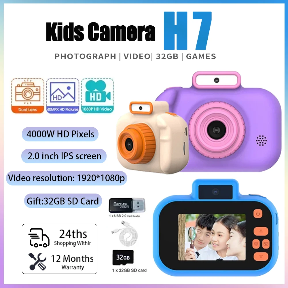 H7 Children Camera Selfie Pixels 1080P HD Screen Blue PurPle Dual Cameras Kids  - £21.73 GBP+
