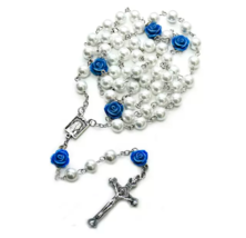 Blue &amp; White Flower Rose Shaped Pearl Bead Rosary Set Catholic Girl Women - £10.78 GBP