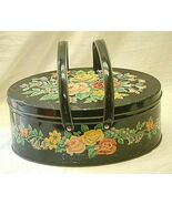 Floral Cross Stitch Lithograph Tin Can Double Handle Oval Container - $21.77