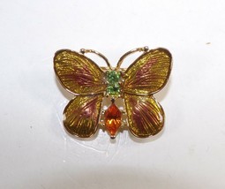 Gold Tone Butterfly Brooch Pin with Orange & Green Gemstones Fashion Jewelry - £5.40 GBP