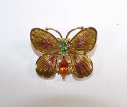 Gold Tone Butterfly Brooch Pin with Orange &amp; Green Gemstones Fashion Jew... - £5.48 GBP