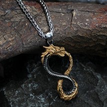 Infinity Ouroboros Necklace Gold Stainless Steel Infinite Serpent Dragon Pendant - £23.97 GBP