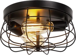 Industrial Black Flush Mount Ceiling Light 2-Light Farmhouse, And Laundry - £38.95 GBP