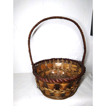 Medium Brown Med. Size Wicker Woven Band Round Basket w/Tall Hoop Handle! - $11.99