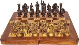 vintage chess set and board antique chess pieces brass &amp; wood board 14 i... - £91.70 GBP