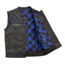 Men&#39;s Leather Vest Blue Checker &amp; Blue Paisley Lining Concealed Waistcoat - £55.06 GBP+