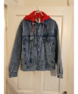  Vintage ~ TODAYS NEWS Jacket ~ Men L - Blue Denim ~  Red Hoodie ~ Lined - $54.09 CAD
