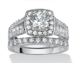 Cushion Cut Halo Accents Bridal 2 Ring Set Platinum Sterling Silver 6 7 8 9 10 - £158.02 GBP