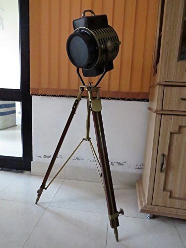Antique Marine Nautical Spotlight Hollywood Floor Lamp Wooden Tripod 72" By Naut