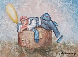 Signed William Moninet Vintage Art Oil Circus Clown Sleeping on Box Pain... - $395.99
