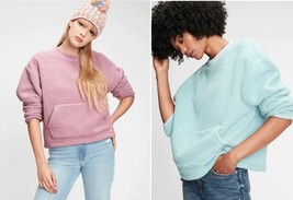 Gap Women Light Blue Purple Long Sleeve Pocket Crew Neck Sherpa Sweatshirt S M - £31.96 GBP