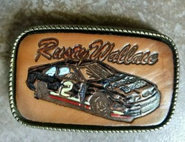 Rusty Wallace NASCAR Leather/Brass Belt Buckle Vintage Race Car - $12.86