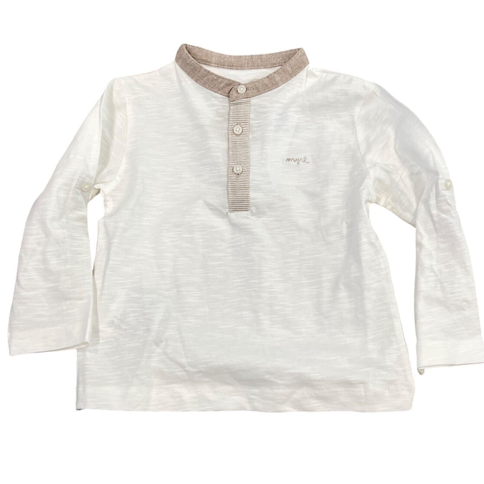 Mayoral Baby Boys White Long Sleeve Mandarin Shirt Beige Collar Button NWT - $22.00
