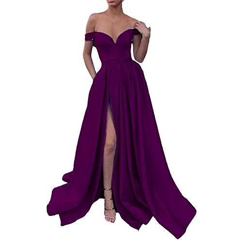 Off The Shoulder High Slit Long Evening Gown Prom Dress with Pocket Purple US 4