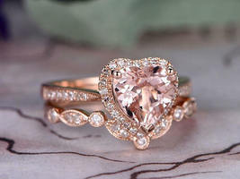 1.75Ct Heart Cut Peach Moraganite Engagement Bridal Ring Set 14K White Gold Over - £70.37 GBP