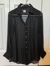 JILL MCGOWAN Silk black textured button down up blouse PETITE P collar d... - $24.72