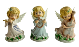 Lefton Musical Angel Figurines Set of 3 Porcelain Hand Painted Holly Berry - £36.49 GBP