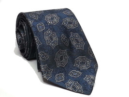 7th AVE Men Dress Tie Silk Blend 3.5&quot; wide Navy Blue with Paisley Print USA made - £7.63 GBP