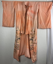 Vintage Kimono Japanese Open Front Robe Coral Peach Cranes Red Embroidery Lined  - £175.27 GBP