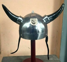 Viking Horn Medieval Helmet With Massive Horn And 3D Lion On Head Leather liner - £47.98 GBP