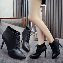 Women‘s Leisure leather Shoes Non-Slip Lace-Up Fine Heel Short Tube Martin Boots - £31.46 GBP