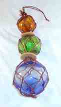 Three Colored Hand Blown Glass Fishing Floats Net Hanging Decorative Arrangement - £47.21 GBP