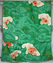 Green Ocean Waves Furisode - Vintage Silk Formal Women&#39;s Kimono - Embroi... - £17.26 GBP