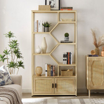 Rattan Bookshelf 7 Tiers Bookcases Storage Rack With Cabinet - Natural - £165.39 GBP