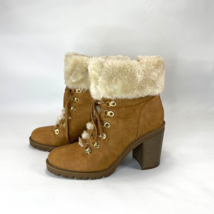 By Guess Jursy Women&#39;s Honey Brown Ankle Boots Fur Trim Block Heel Zip &amp; Tie - £19.37 GBP