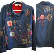 Vintage 90s Blue Lightweight Denim Shirt Jacket Floral Embroidered Petit... - £25.97 GBP