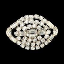 Art Deco Brooch Clear Rhinestone Baguette Silver Tone Elipse 2” Wide Vin... - £16.72 GBP