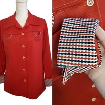 70s Western Womens Red Shirt Jacket Shaket Polyester Sz Medium Houndstooth - £26.02 GBP