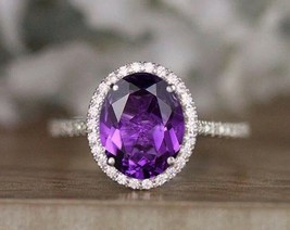 3.20Ct Oval Cut CZ Amethyst Halo Engagement Ring 14K White Gold Plated 925 - £90.19 GBP