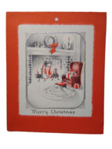 Merry Christmas Greeting Card Vintage Cozy Living Room Fireplace Silver ... - $8.90