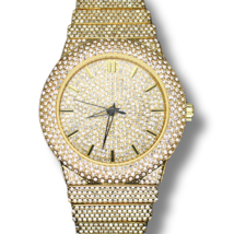 Men&#39;s Round Face Extra Iced up 47mm Bezel CZ Gold Plated Metal Band Quar... - $49.99