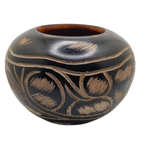 Vintage Hand Carved Etched Wood Vase Bowl Decorative Boho Dark Wood Ethnic Decor - £20.87 GBP