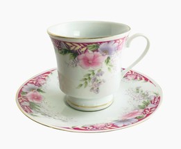 Vintage Tea Coffee Cup 3&quot; Tall and Saucer 6&quot; Fine China Pink Purple Flow... - £18.63 GBP