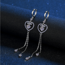 925 Sterling Silver Platinum Plated 1CT Moissanite Heart Tassel Drop Earrings - £159.83 GBP